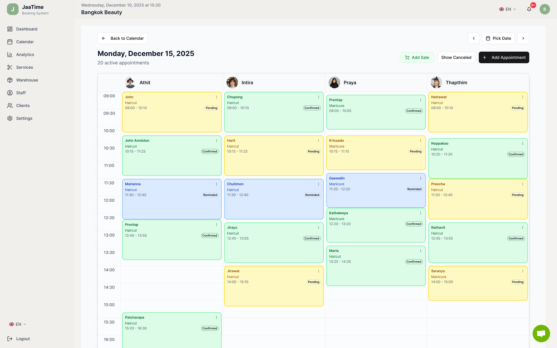 JaaTime dashboard — calendar with today's bookings